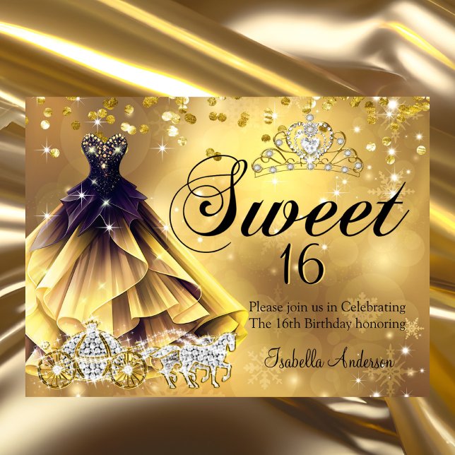 Sweet 16 Birthday Gold Dress Tiara Carriage Invitation (Creator Uploaded)