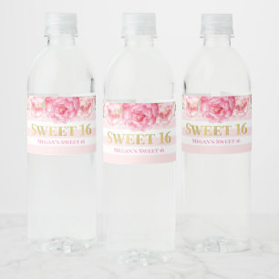 Sweet 16 Birthday Gold Pink Stripes Flowers Water Bottle Label