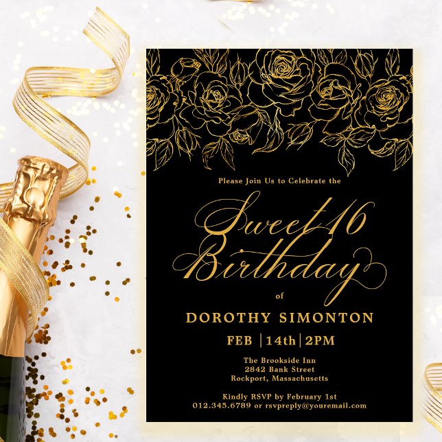 Sweet 16 Birthday Gold Rose Floral Black Invitation (Creator Uploaded)