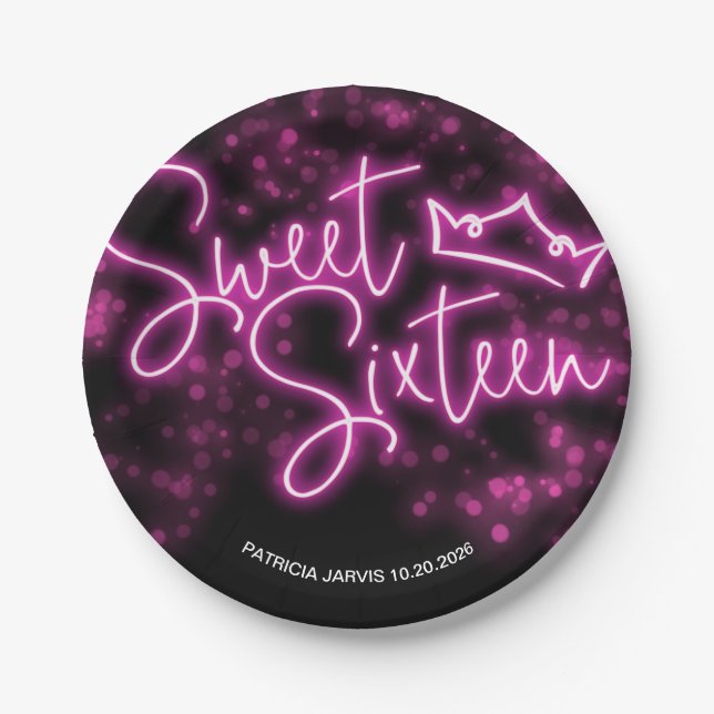Sweet 16 Birthday Hot Pink Neon Glow Dark Party Paper Plate (Front)