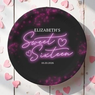 Sweet 16 Birthday Hot Pink Neon Glow Dark Party Paper Plate