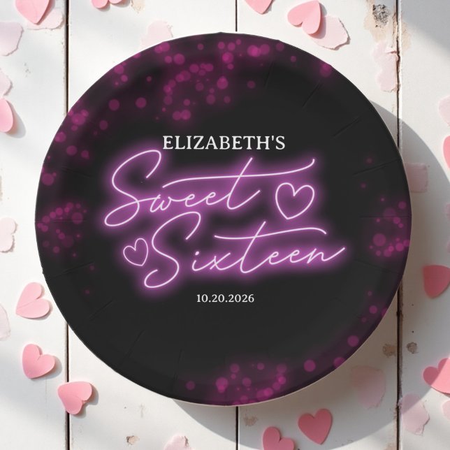 Sweet 16 Birthday Hot Pink Neon Glow Dark Party Paper Plate (Creator Uploaded)