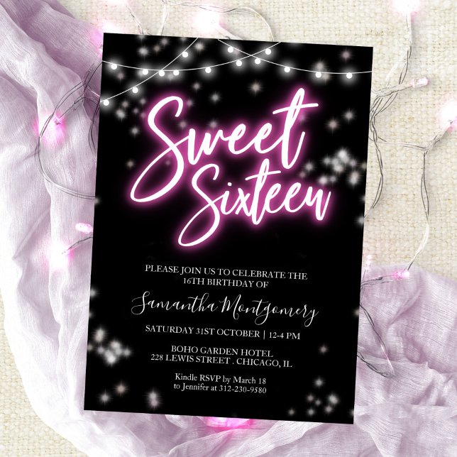 Sweet 16 Birthday Hot Pink Neon Themed Party  Invitation (Creator Uploaded)