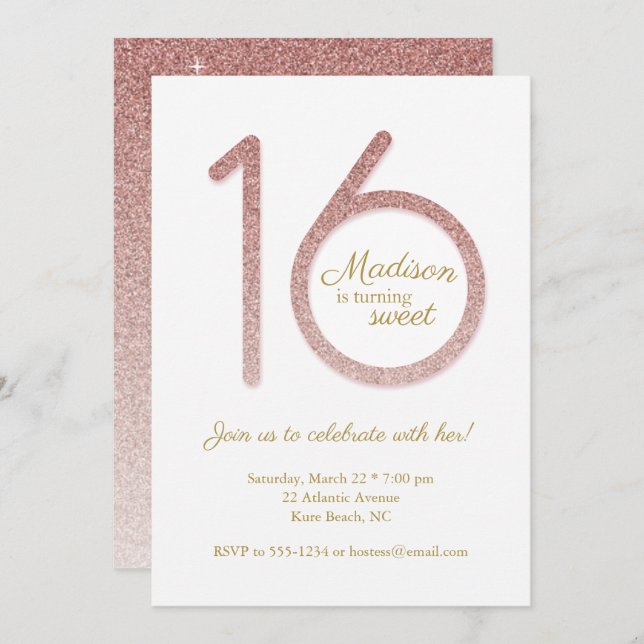 Sweet 16 Birthday Invitation in Rose Gold Glitter (Front/Back)