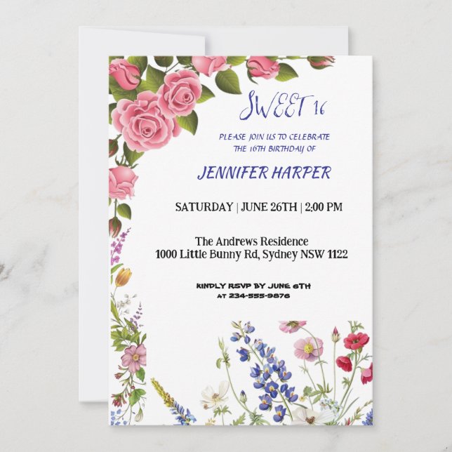 Sweet 16 Birthday Invitation with Pink Roses and W (Front)