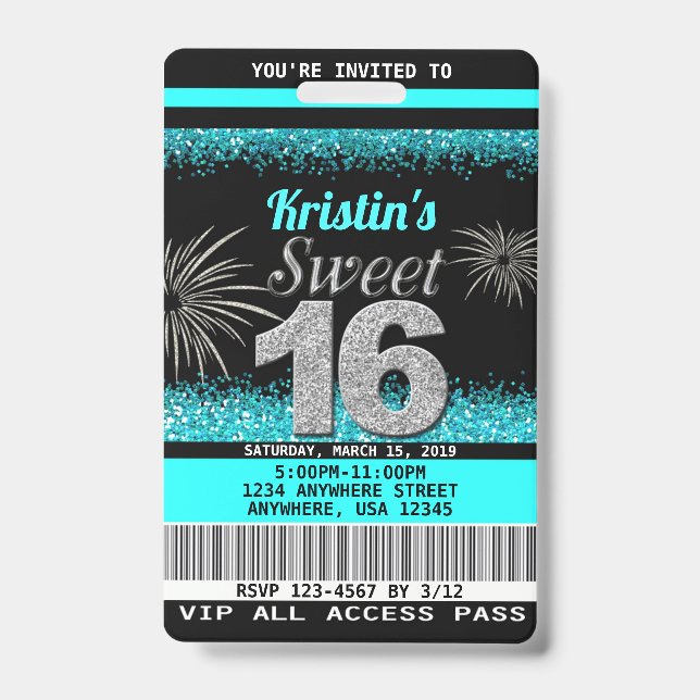 Sweet 16 Birthday Invitations ID Badge (Front)