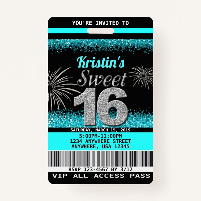 Sweet 16 Birthday Invitations ID Badge (Front)