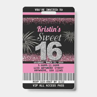 Sweet 16 Birthday Invitations in Blush Pink ID Badge