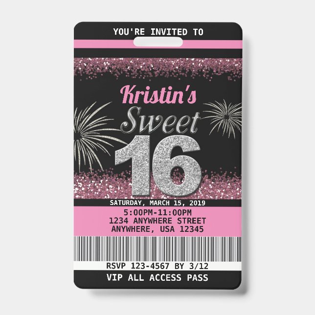 Sweet 16 Birthday Invitations in Blush Pink ID Badge (Front)