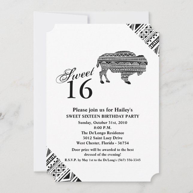 Sweet 16 Birthday Invite Boho Buffalo Tribal Patte (Front)
