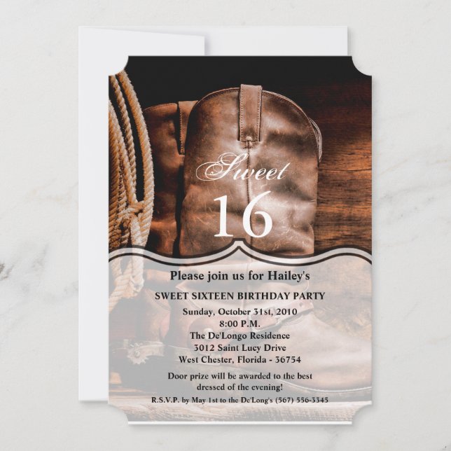 Sweet 16 Birthday Invite Cowboy Boots Barn Wood Ru (Front)