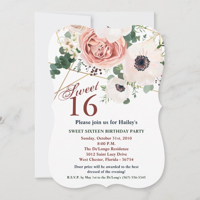 Sweet 16 Birthday Invite Geometric Garden Rose Ane (Front)