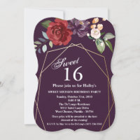 Sweet 16 Birthday Invite Plum Purple Roses Gold Ge