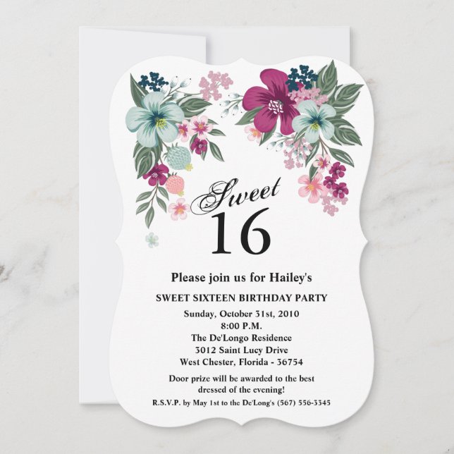 Sweet 16 Birthday Invite Tropical Flower on White (Front)