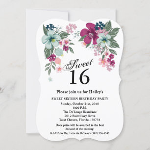 Sweet 16 Birthday Invite Tropical Flower on White