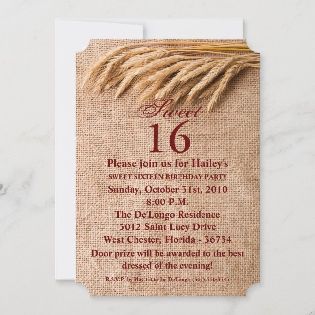 Sweet 16 Birthday Invite Wheat on Burlap Sack Coun (Front)