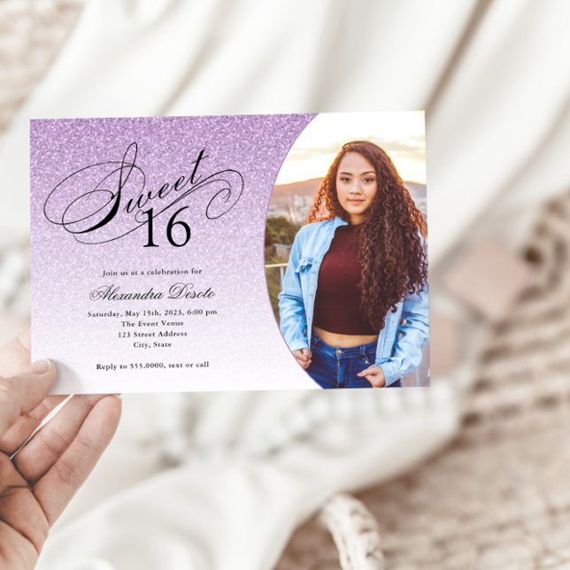 Sweet 16 Birthday Light Purple Glitter Glam Photo  Invitation (Creator Uploaded)