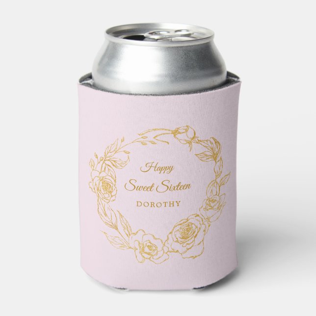 Sweet 16 Birthday Luxe Gold Rose Blush Pink Can Cooler (Can Front)