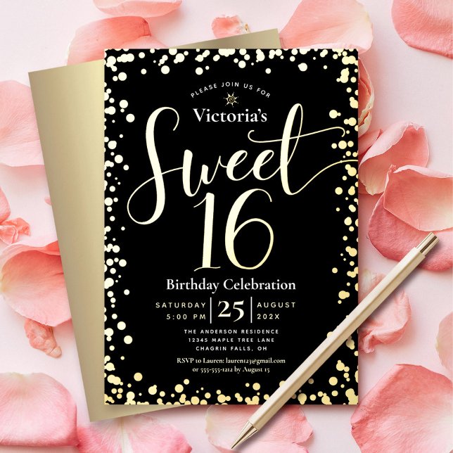 Sweet 16 Birthday Modern Girly Black Real Gold (Creator Uploaded)