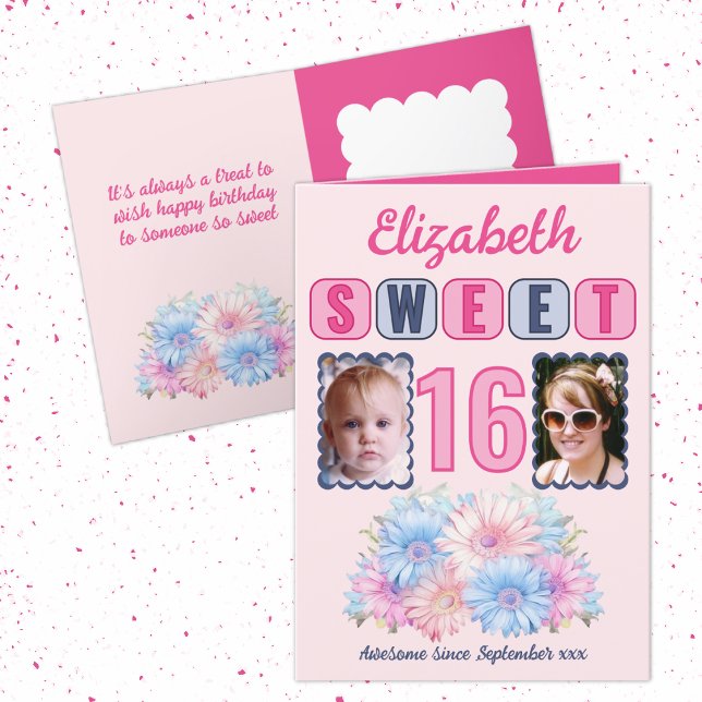 Sweet 16 birthday name 2 photo floral pink card (Creator Uploaded)