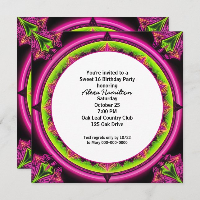 Sweet 16 Birthday Neon Kaleidoscope  Invitation (Front/Back)