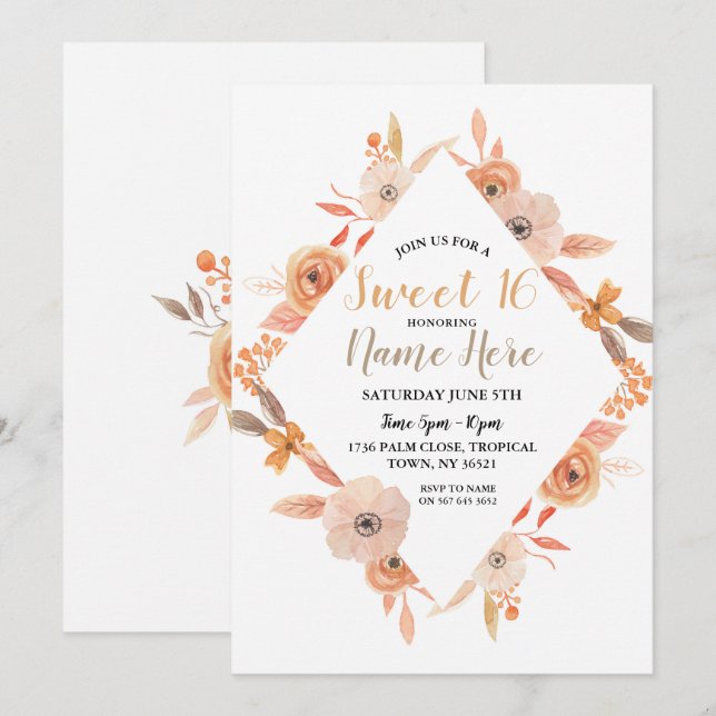 Sweet 16 Birthday Party Autumn Fall Flowers Auburn Invitation (Front/Back)