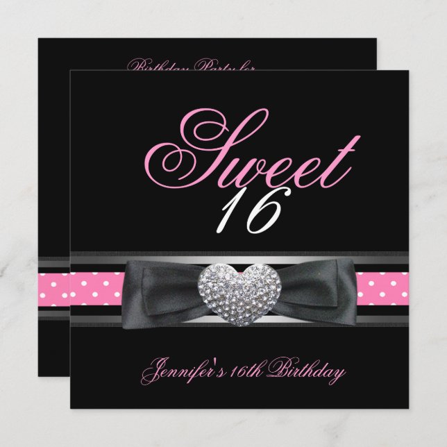 Sweet 16 Birthday Party Black Pink White Spot 3 Invitation (Front/Back)