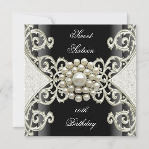 Sweet 16 Birthday Party Black White Cream Pearl Invitation
