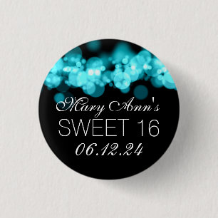 Sweet 16 Birthday Party Blue Bokeh Lights 3 Cm Round Badge