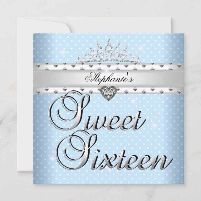 Sweet 16 Birthday Party Blue White Spots Tiara Invitation (Front)