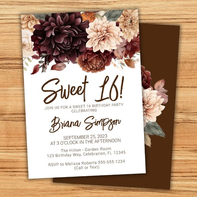 Sweet 16 Birthday Party Brown Beige Floral Invitation (Creator Uploaded)