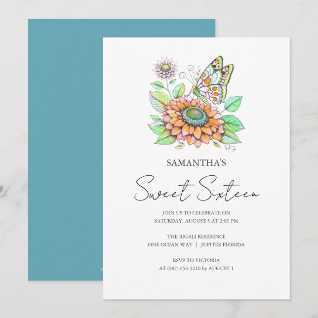 Sweet 16 Birthday Party Butterfly Theme Invitation (Front/Back)