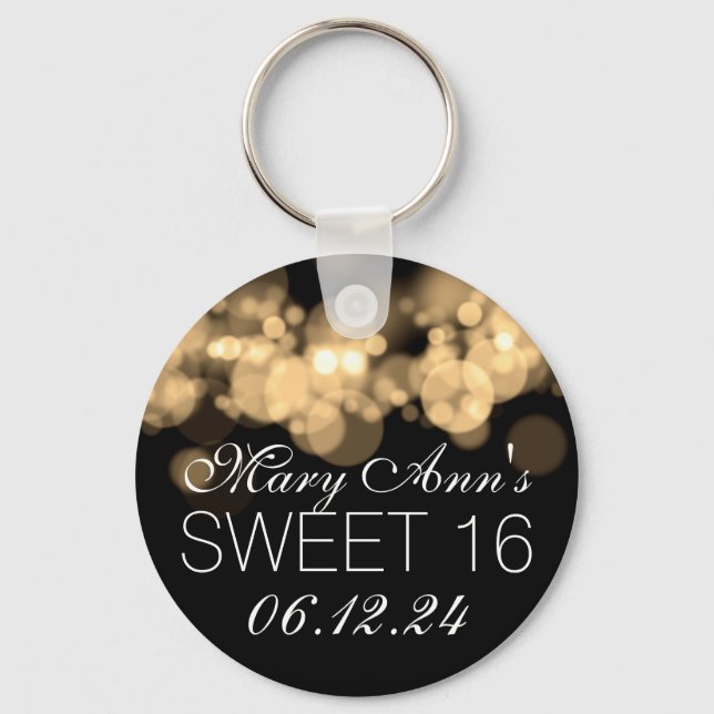 Sweet 16 Birthday Party Gold Bokeh Lights Key Ring (Front)