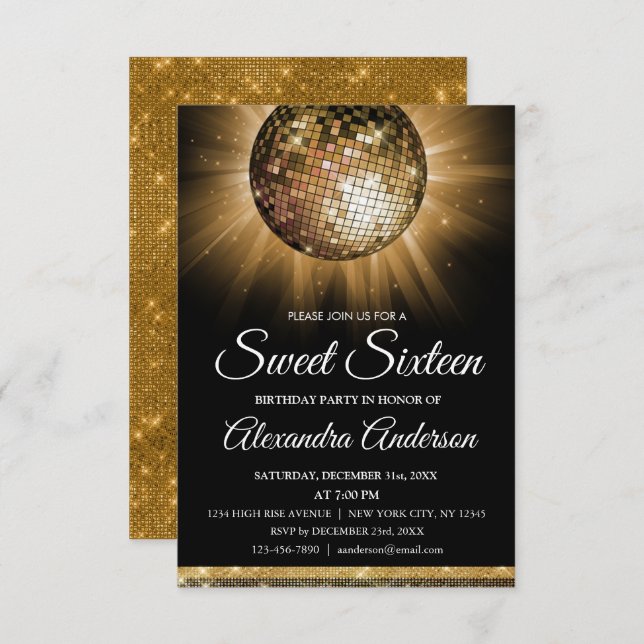 Sweet 16 Birthday Party Gold Disco Ball Invitation (Front/Back)