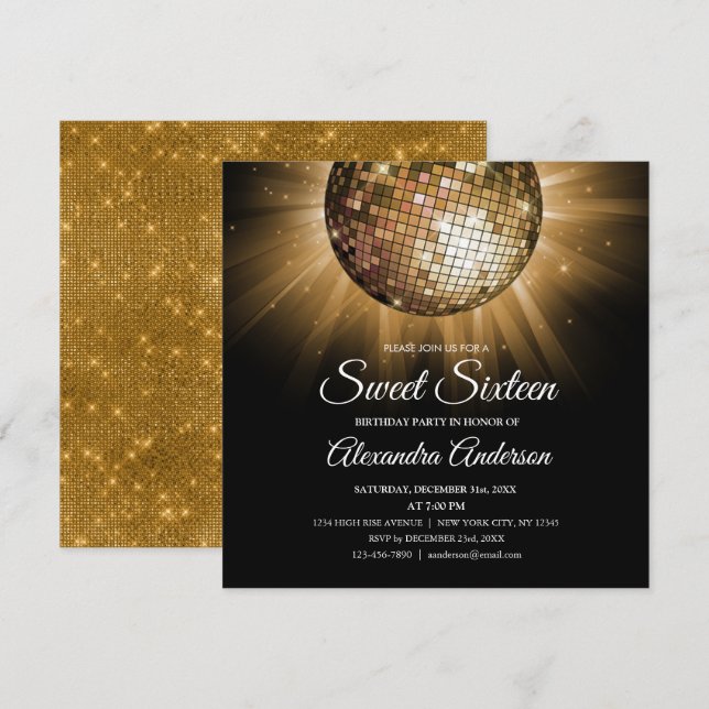 Sweet 16 Birthday Party Gold Disco Ball Invitation (Front/Back)