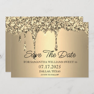 Sweet 16 Birthday Party Gold Sparkle Glitter Drips Save The Date