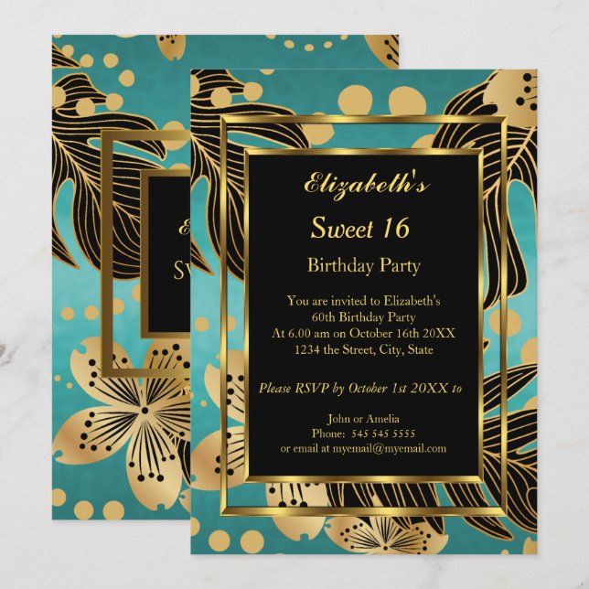 Sweet 16 Birthday Party Gold Teal black floral Invitation (Front/Back)