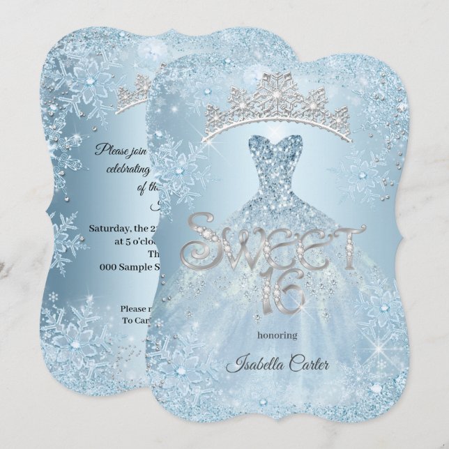 Sweet 16 Birthday Party Icy Blue Snowflake Winter Invitation (Front/Back)