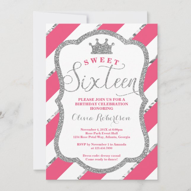 Sweet 16 Birthday Party Invite, Faux Glitter Invitation (Front)
