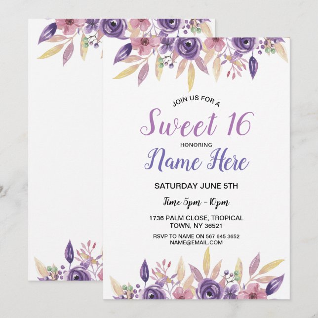 Sweet 16 Birthday Party Lavender Flowers Floral Invitation (Front/Back)