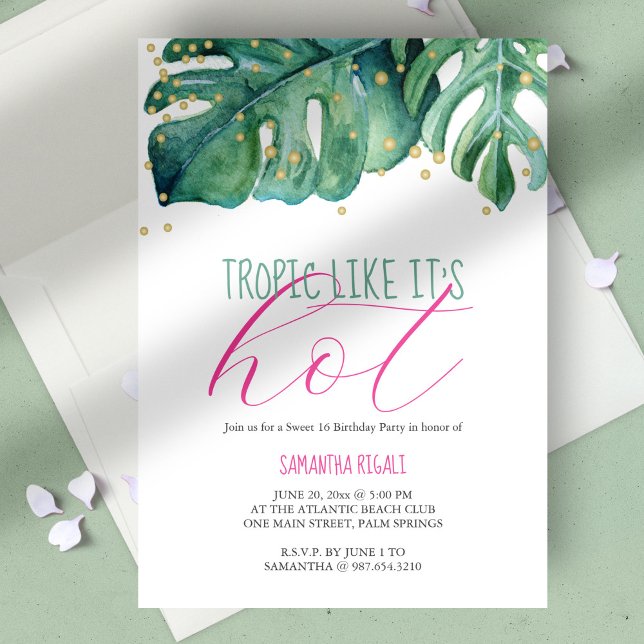 Sweet 16 Birthday Party Luau Theme Invitation (birthday party sweet 16 tropical luau vibrant pink and green monstera palm leaves)