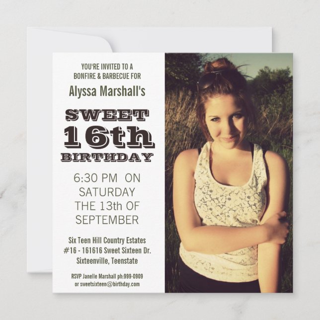 Sweet 16  Birthday Party Outdoor Portrait Photo Invitation (Front)