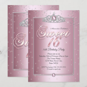 Sweet 16 Birthday Party Pink Diamond Silver Tiara  Invitation