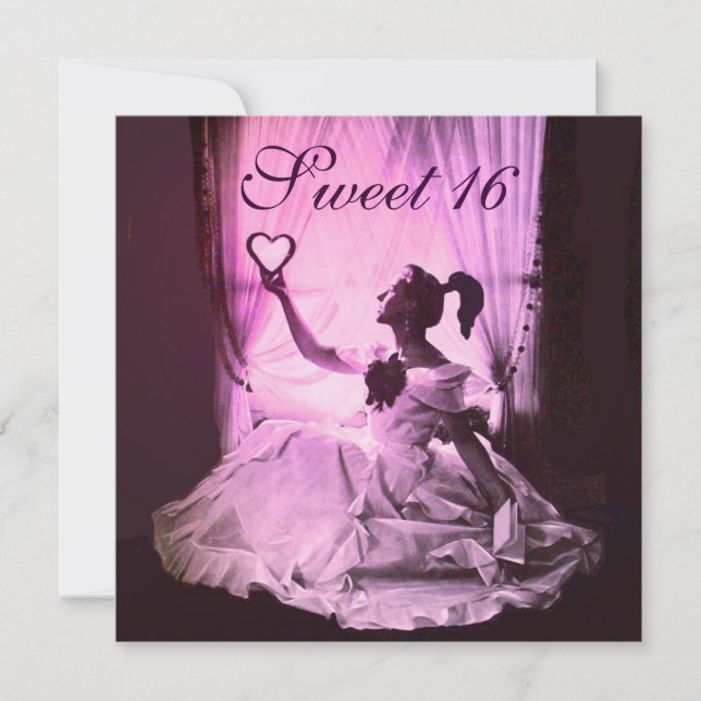 SWEET 16 BIRTHDAY PARTY,PINK FUCHSIA  BLACK DAMASK INVITATION (Front)