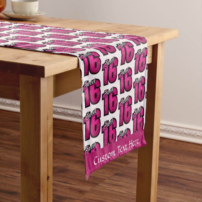 Sweet 16 Birthday Party Pink Glitter Personalised Short Table Runner (In Situ)