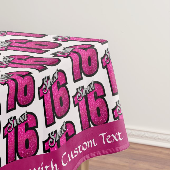 Sweet 16 Birthday Party Pink Glitter Personalised Tablecloth (In Situ)