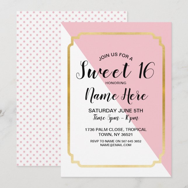 Sweet 16 Birthday Party Pink Gold Elegant Dots Invitation (Front/Back)