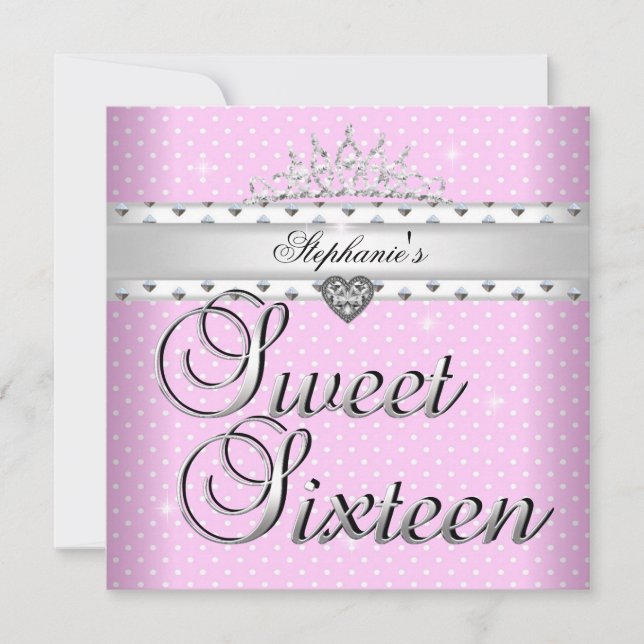 Sweet 16 Birthday Party Pink White Spots Tiara Invitation (Front)