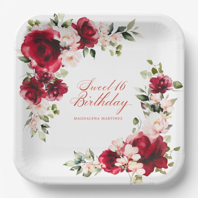 Sweet 16 Birthday Party Red Pink Floral Custom Paper Plate (Front)