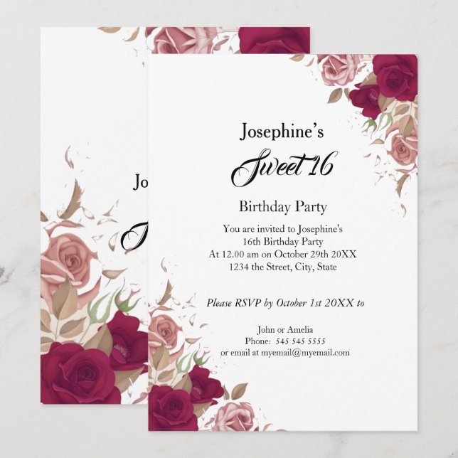 Sweet 16 Birthday Party Red Pink Roses Invitation (Front/Back)
